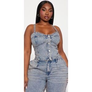 NWT Fashion Nova Cassie Denim Corset‎ Crop Bustier Button Front Top Plus size 1X